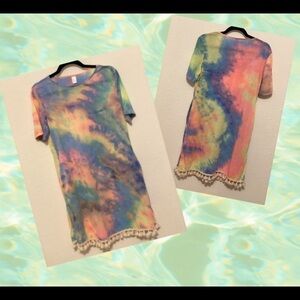 TIE dye tshirt dress/coverup 2 pockets & tassels L